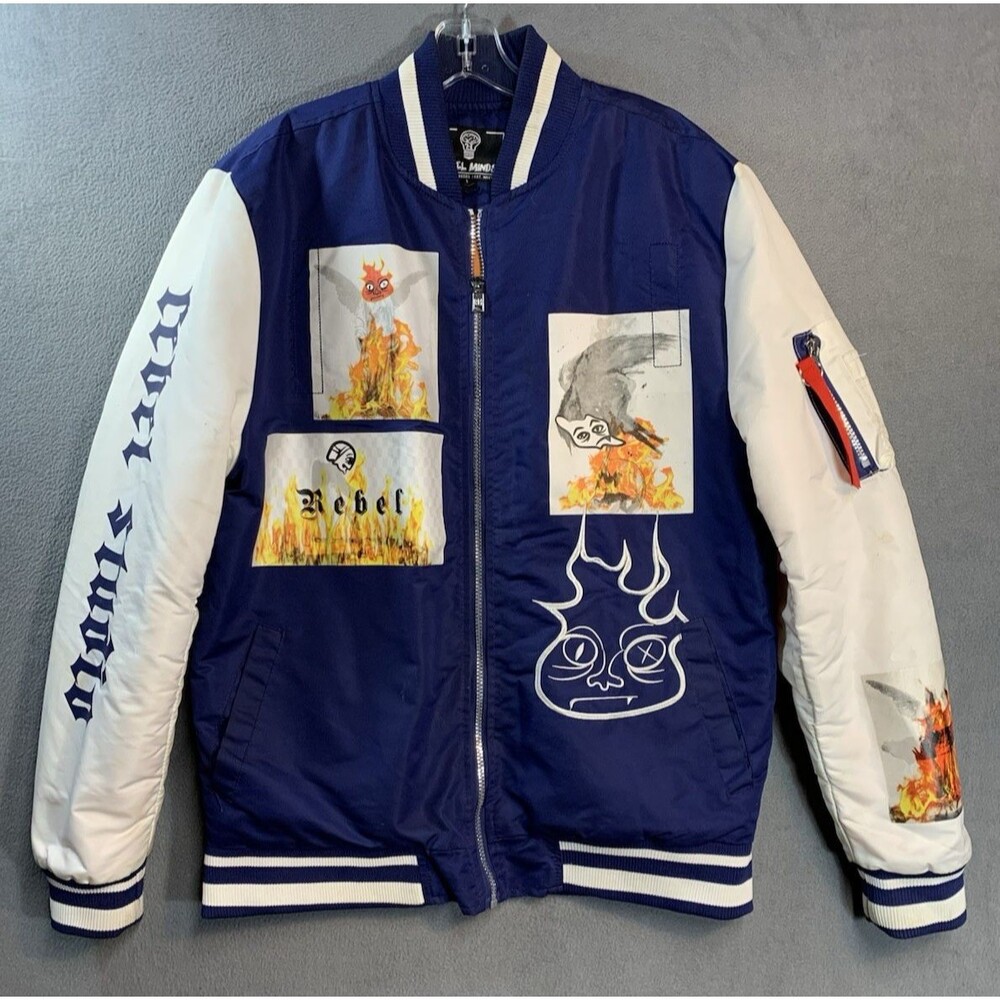 Rebel Minds Born Sinner Graphic Bomber Jacket Men’s L Blue White Flame Devil